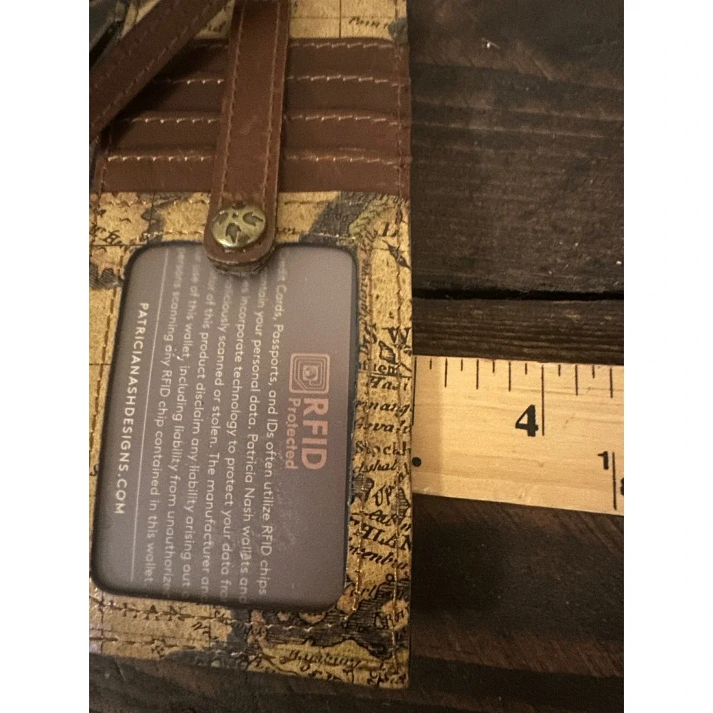 Patricia Nash Vintage Map Leather RFID Card Case Wristlet Wallet Brown Tan